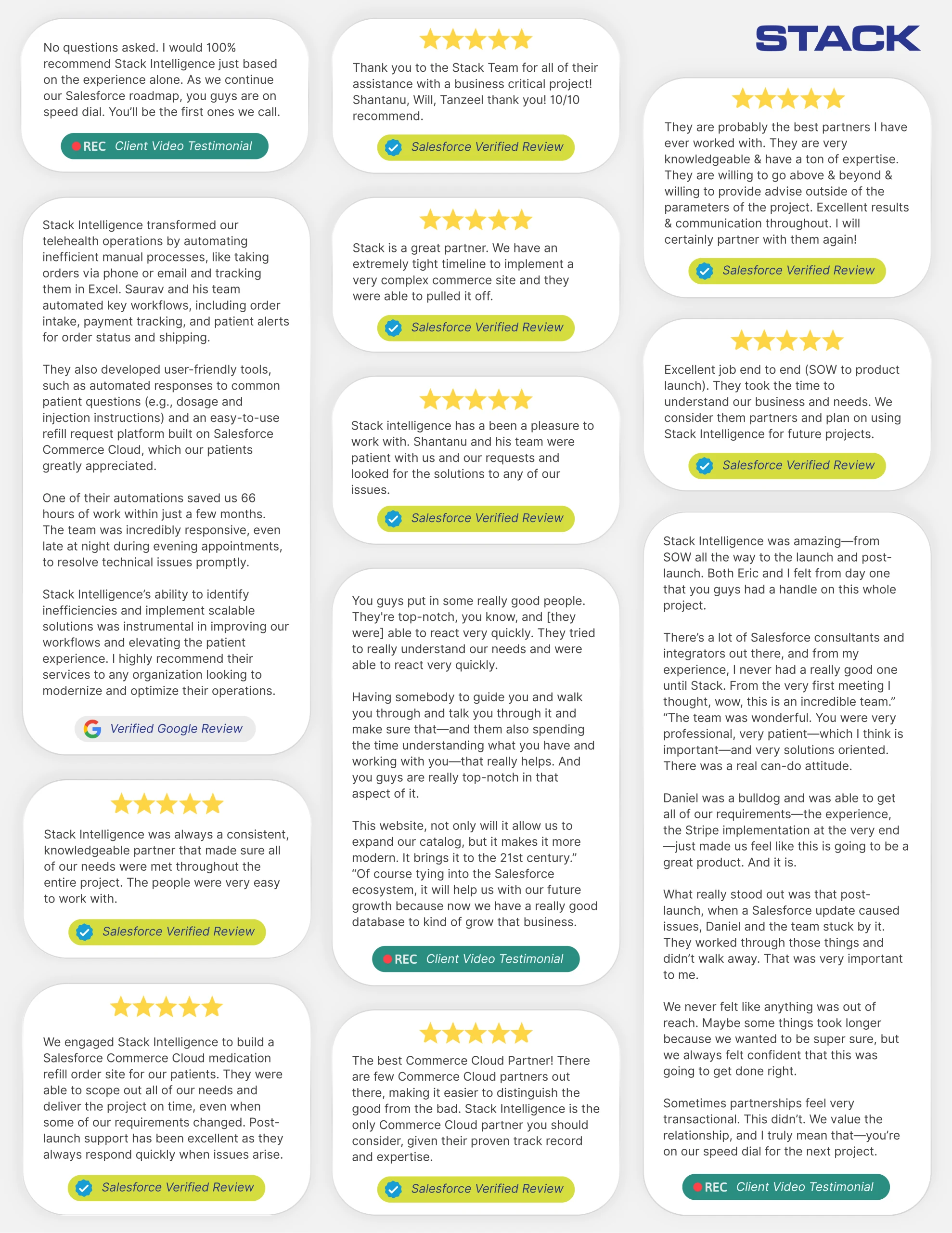 A collage of verified client reviews and video testimonials for Stack Intelligence — Salesforce Verified Reviews, Google Reviews, and client video testimonials.